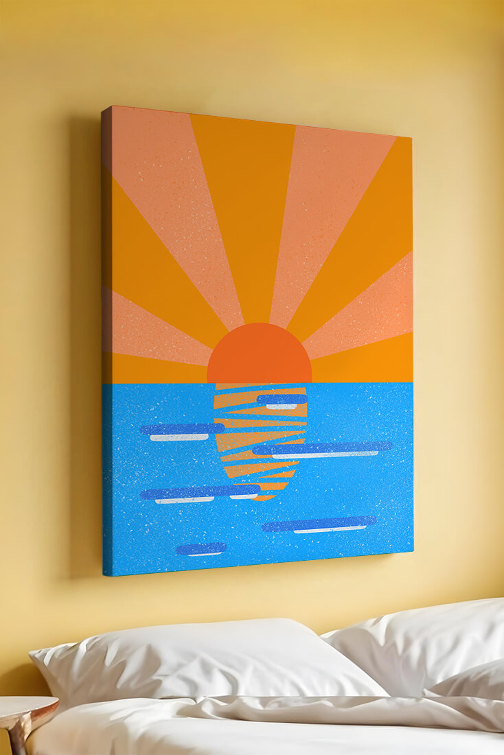 A vibrant sunrise illustration over the ocean with colorful rays