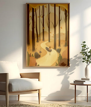 Serene autumn forest with river and boat in digital art scene
