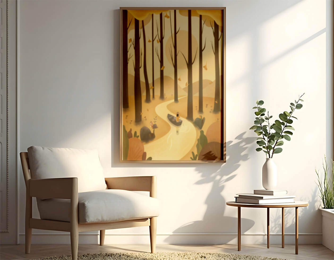 Serene autumn forest with river and boat in digital art scene