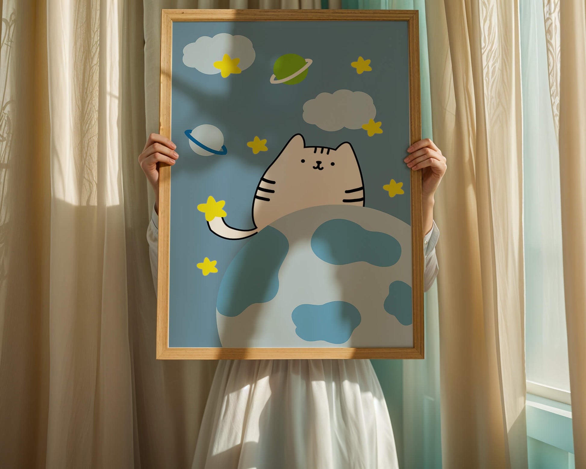 Ilustración encantadora de un gatito en una escena espacial caprichosa con nubes y estrellas