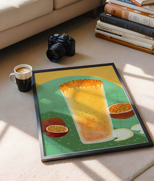 Illustrated tropical passion fruit drink with fresh slices