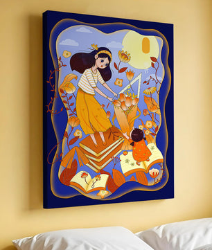 Whimsical illustration with woman and child among books and flowers
