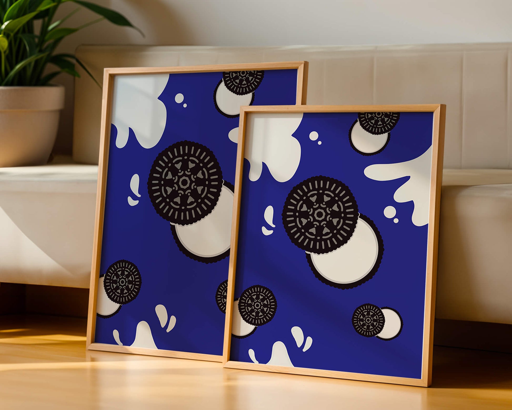 Graphic design featuring cookies and milk splashes on blue background