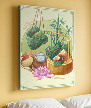 Traditional Asian tea set with bamboo and dumplings