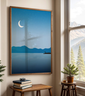 Serene Night Landscape with Crescent Moon and Lighthouse