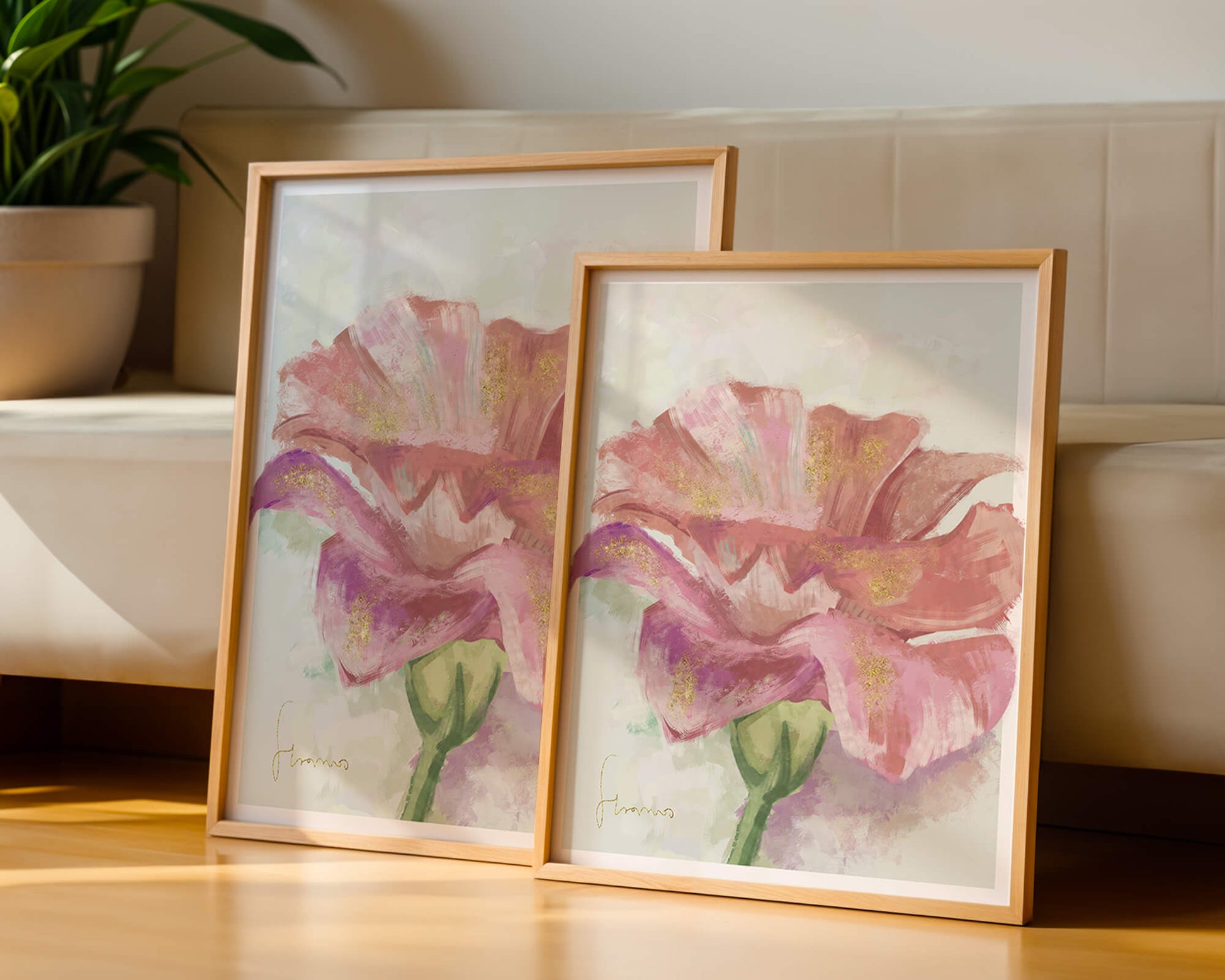 Beautiful pink flower painting with golden accents