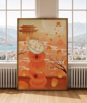 Scène de festival traditionnel chinois avec des lanternes et des raviolis
