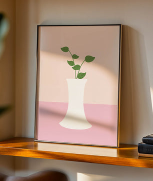 Simple Minimalist Illustration of a White Vase with Green Leaves on a Pink Background - Mi tienda