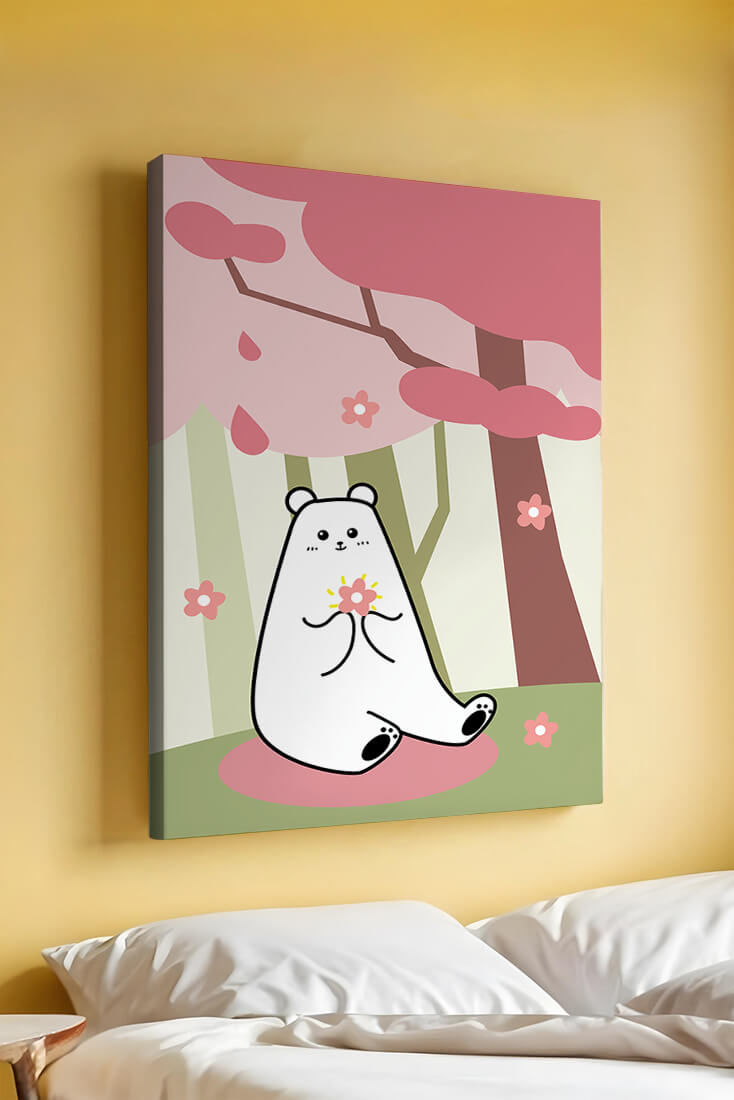 Charming bear holding flower under cherry blossom tree