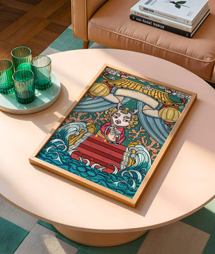 Illustration of a whimsical animal playing a stringed instrument in a fantastical setting