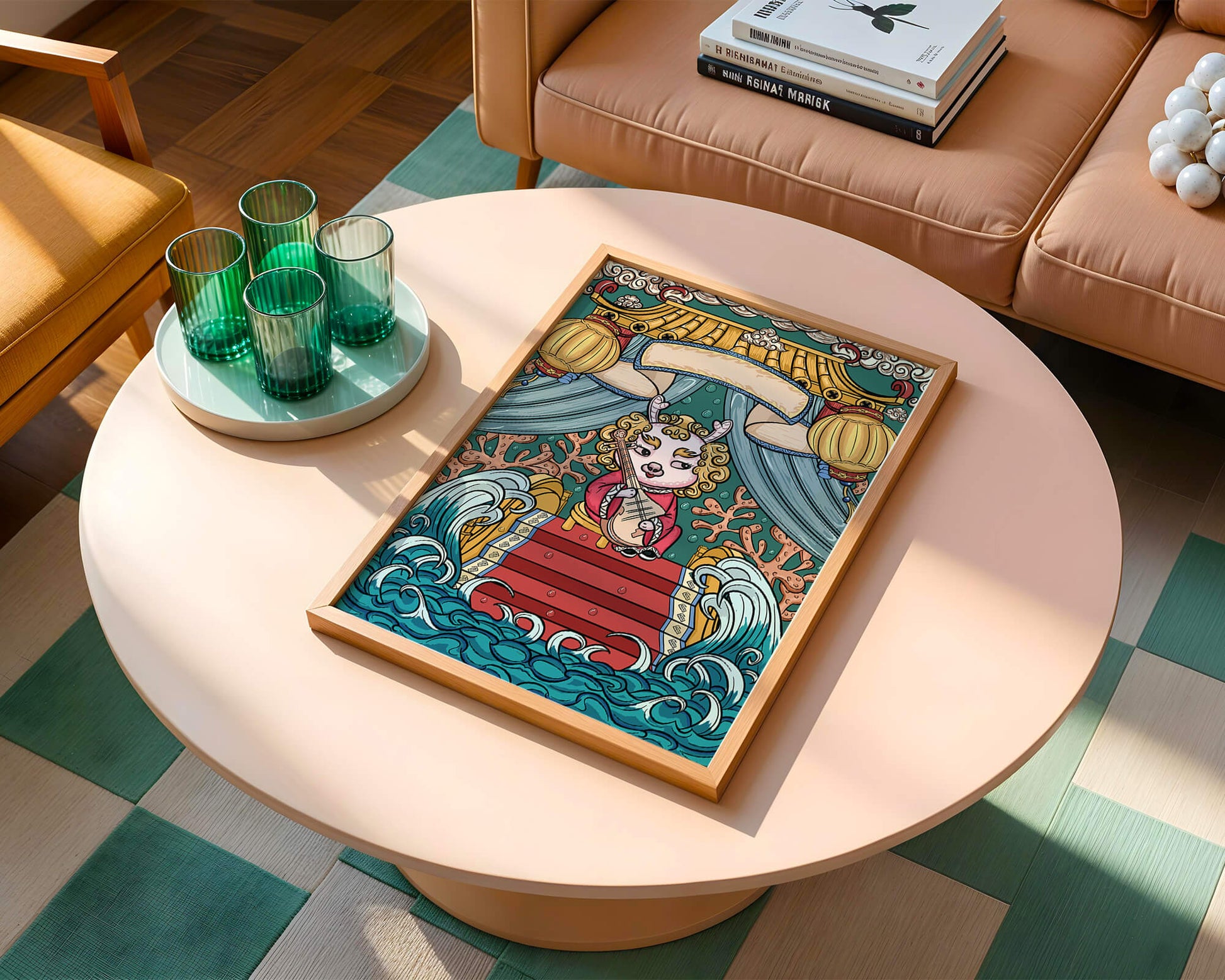 Illustration of a whimsical animal playing a stringed instrument in a fantastical setting