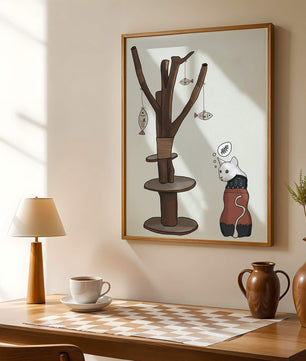 Illustration of a cat tree with a thoughtful cat in a sweater
