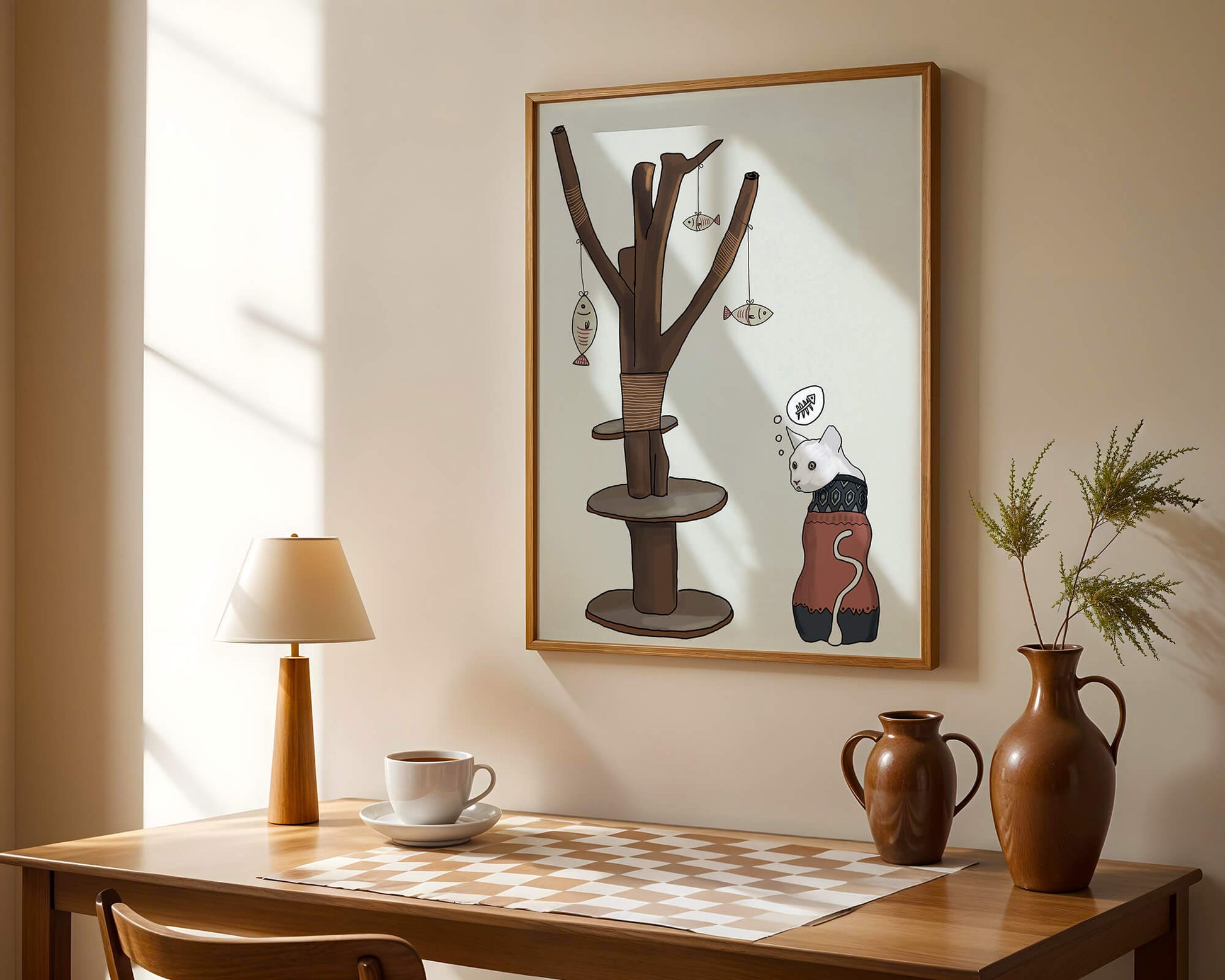 Illustration of a cat tree with a thoughtful cat in a sweater