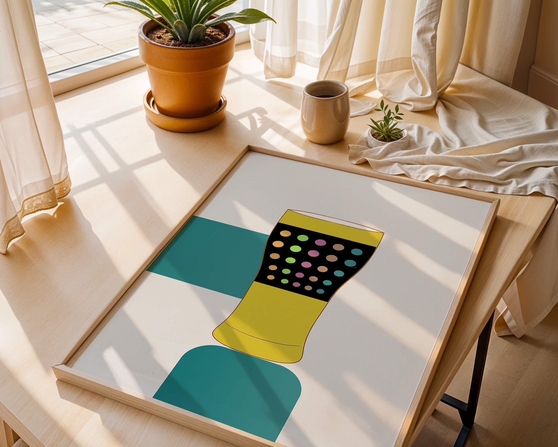 Colorful abstract illustration of a pint glass with dotted pattern