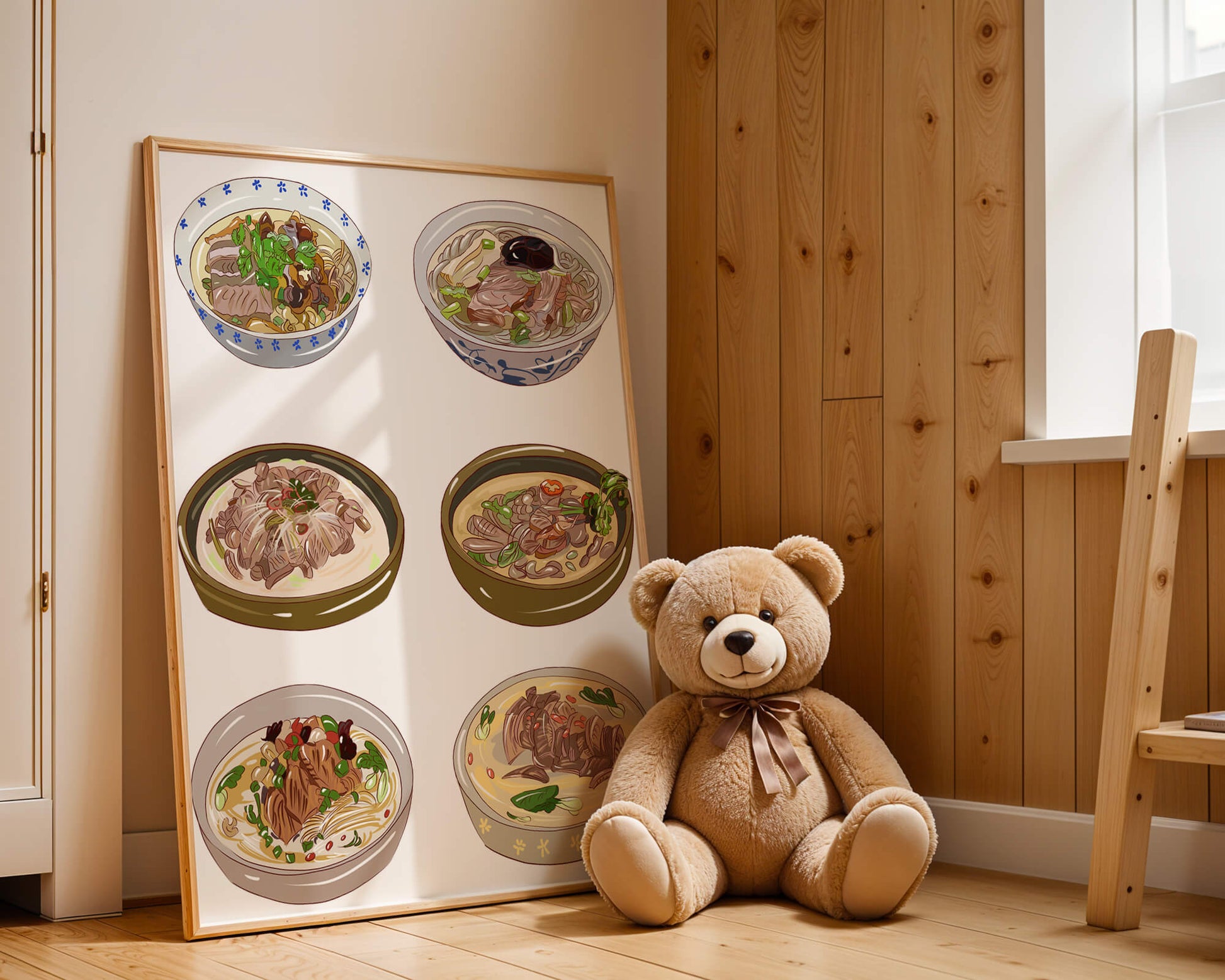 Illustrated bowls of Asian noodle soups with herbs and vegetables