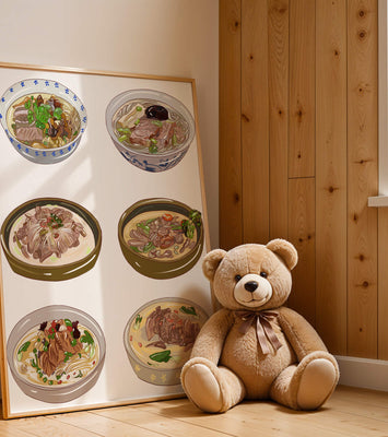 Illustrated bowls of Asian noodle soups with herbs and vegetables
