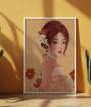 Portrait élégant d'une femme avec des ornements floraux et une expression douce