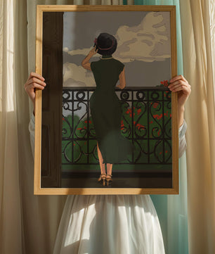 Mujer elegante en un balcón con vista pintoresca y flores rojas