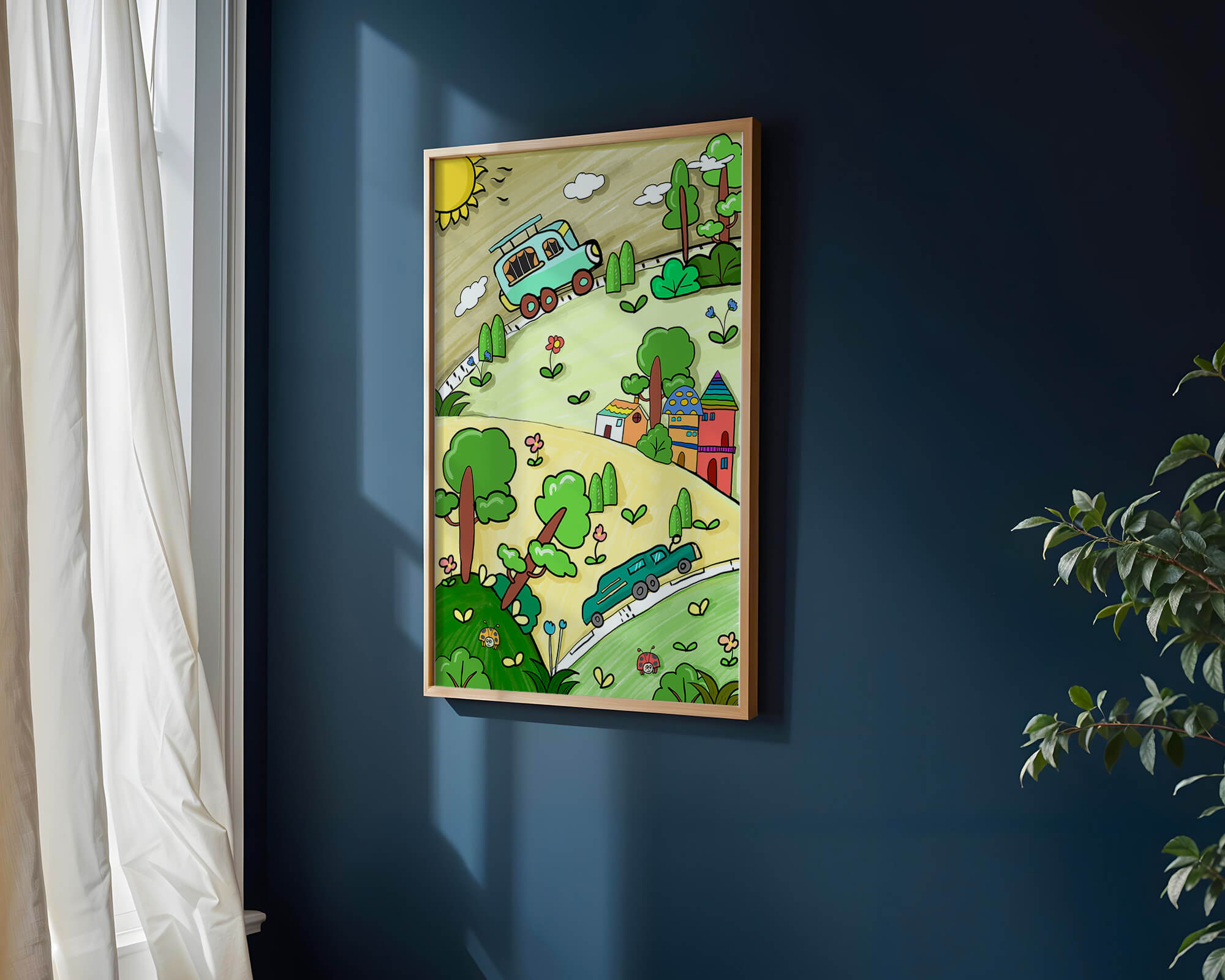 Colorful cartoon landscape with vehicles and nature scene