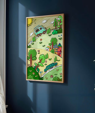 Colorful cartoon landscape with vehicles and nature scene