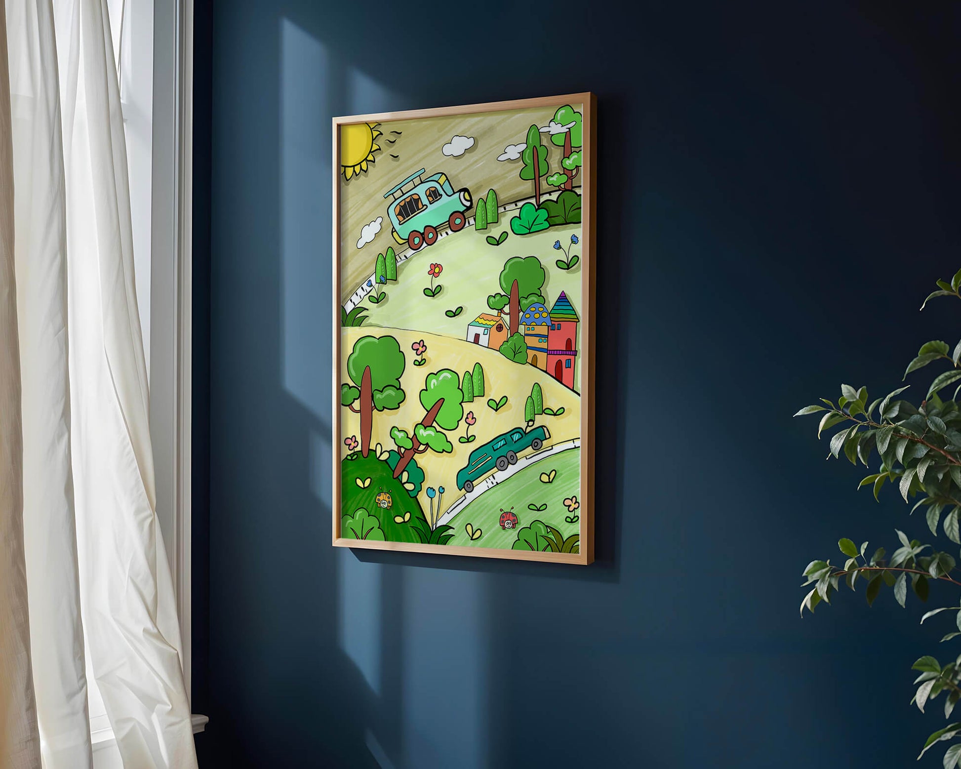Colorful cartoon landscape with vehicles and nature scene