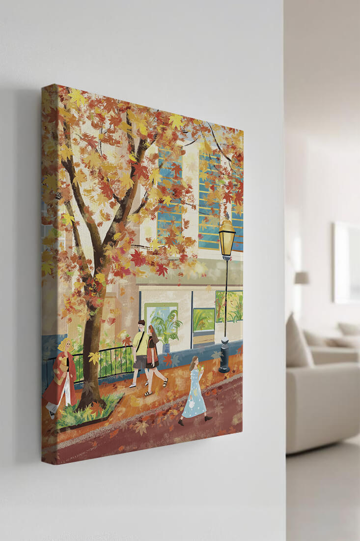 Calle de la ciudad en otoño con hojas coloridas y personas caminando