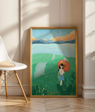 Girl with Umbrella in Rainy Meadow