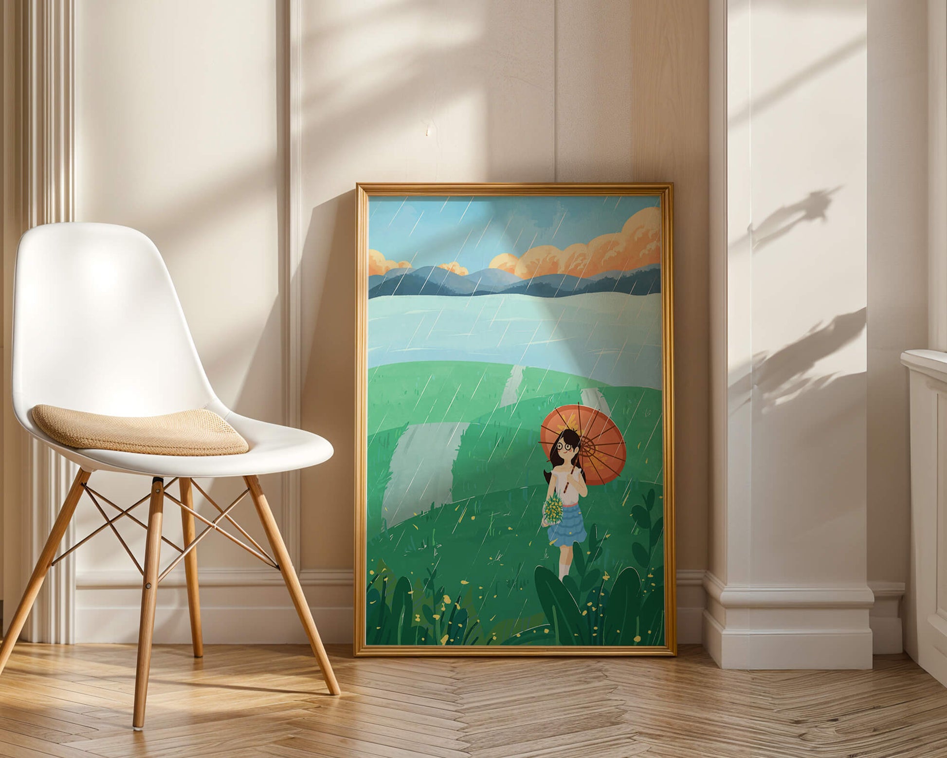 Girl with Umbrella in Rainy Meadow