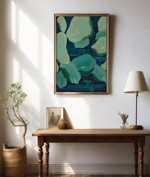Green lily pads on a dark water background illustration