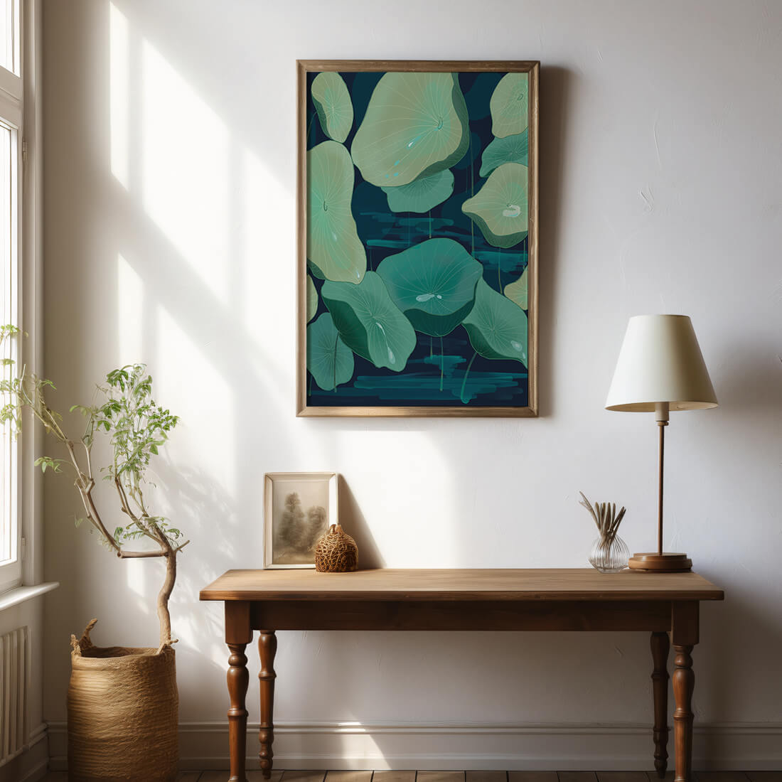 Green lily pads on a dark water background illustration