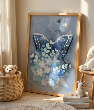 Elegant butterfly with blue floral arrangement artwork