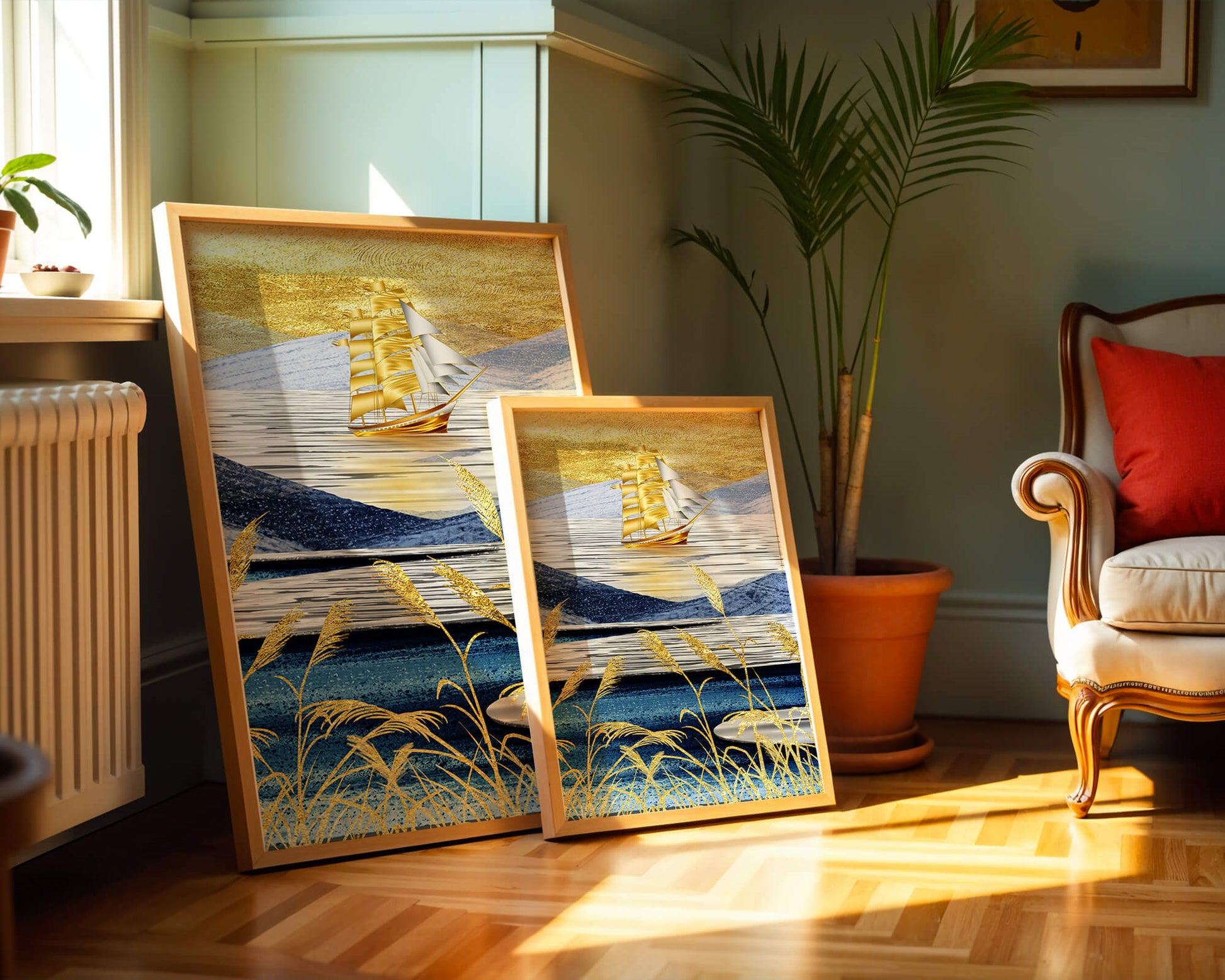 Golden Sailboat on Blue and Gold Landscape