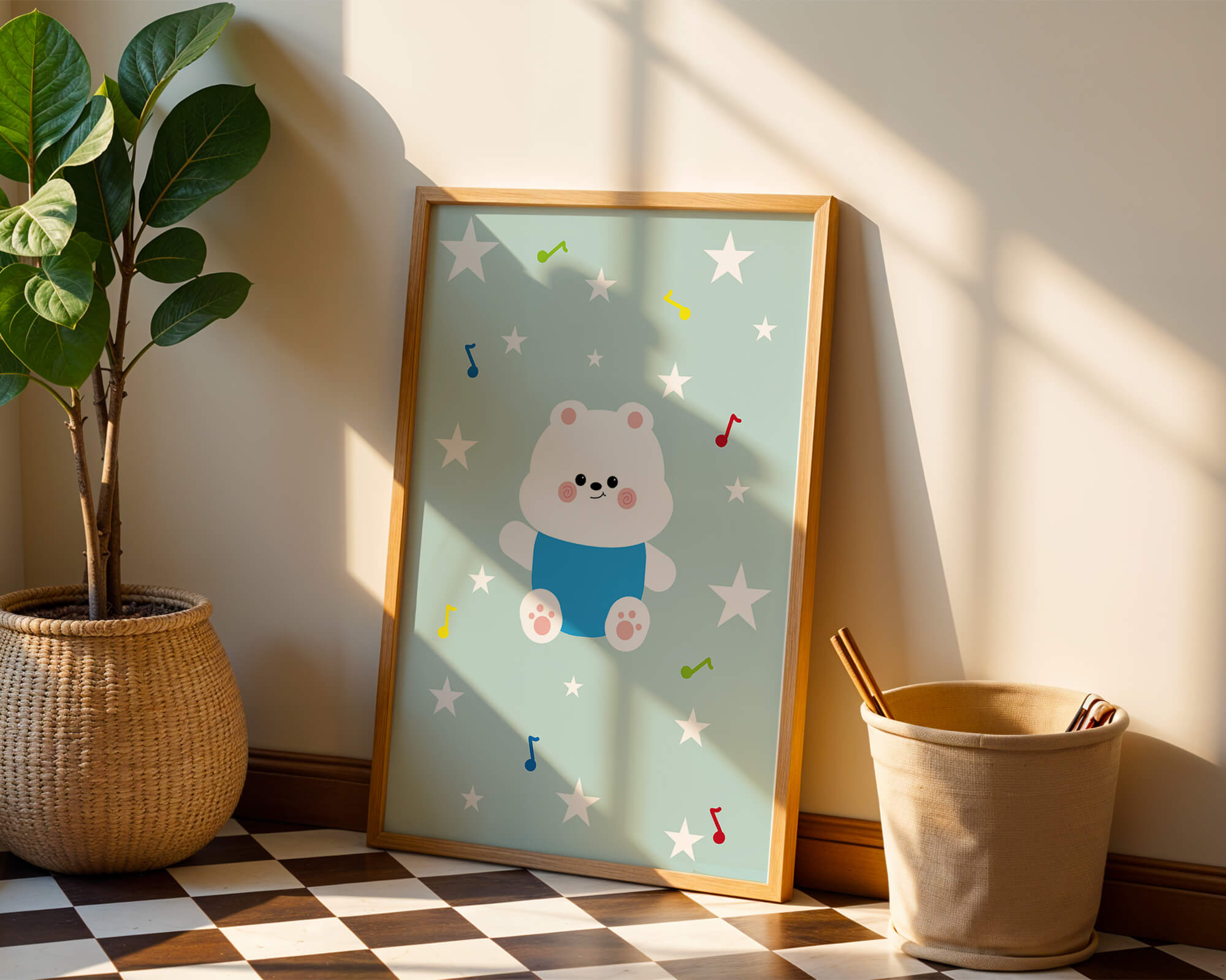Playful bear illustration with musical notes and stars