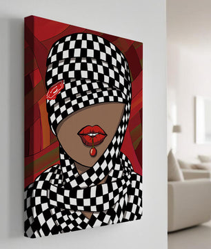 Abstract Art of Woman with Checkered Pattern and Red Lips - Mi tienda