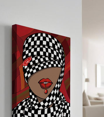 Abstract Art of Woman with Checkered Pattern and Red Lips