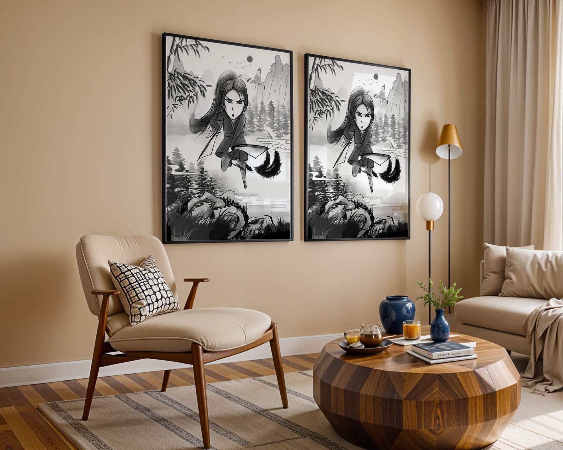 Warrior In A Mystical Landscape With Mountains And Rivers