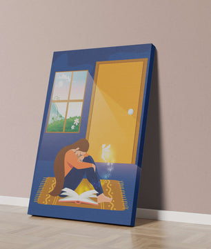 Woman sitting with an open magical book and a fairy in a room