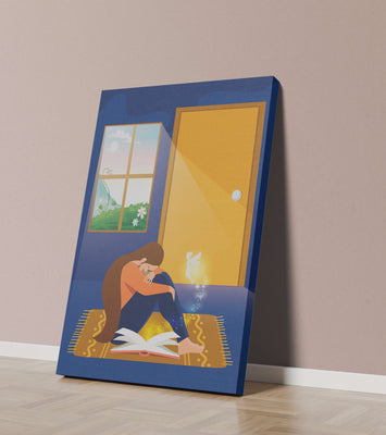 Woman sitting with an open magical book and a fairy in a room