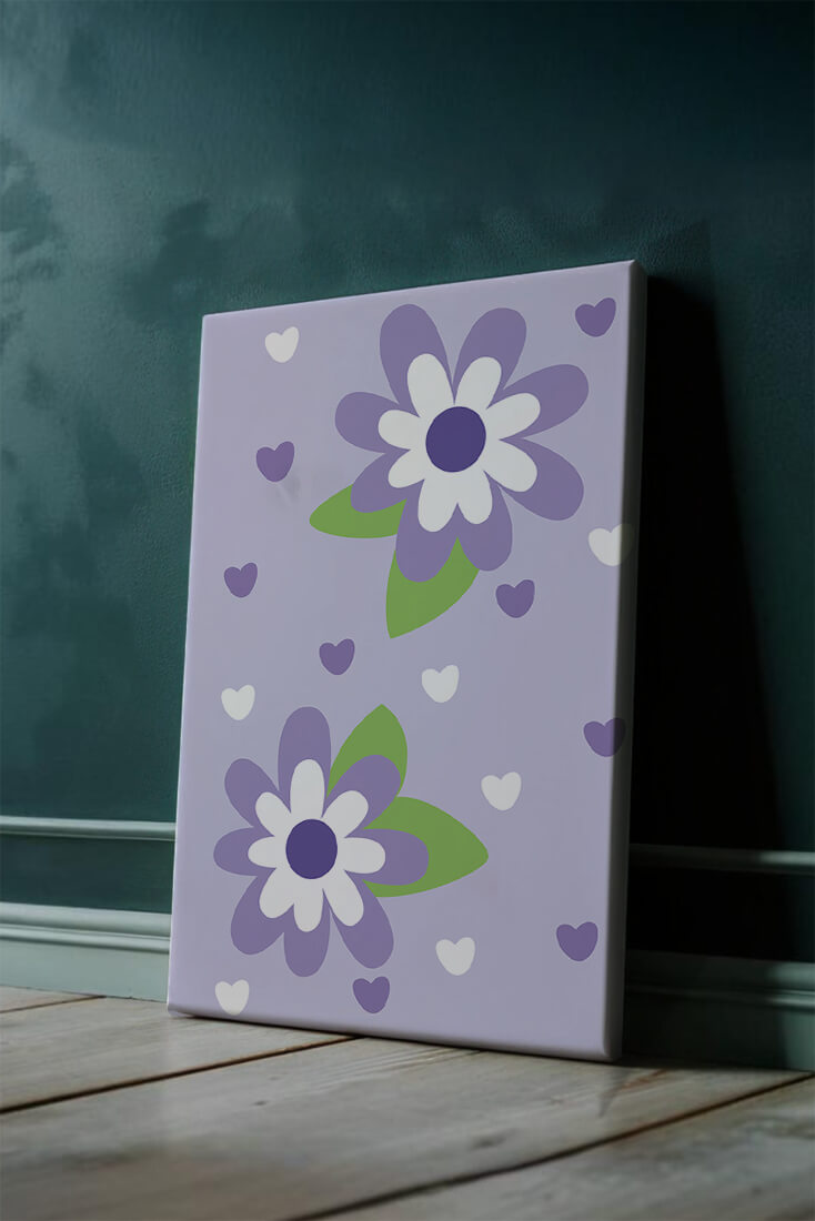Elegant purple floral pattern with green leaves and heart accents