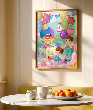 Colorful clown-themed children's party with balloons and toys