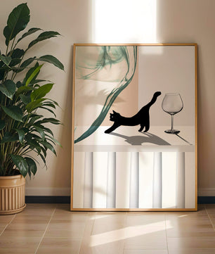 Composición abstracta con gato negro y copa de vino sobre fondo geométrico