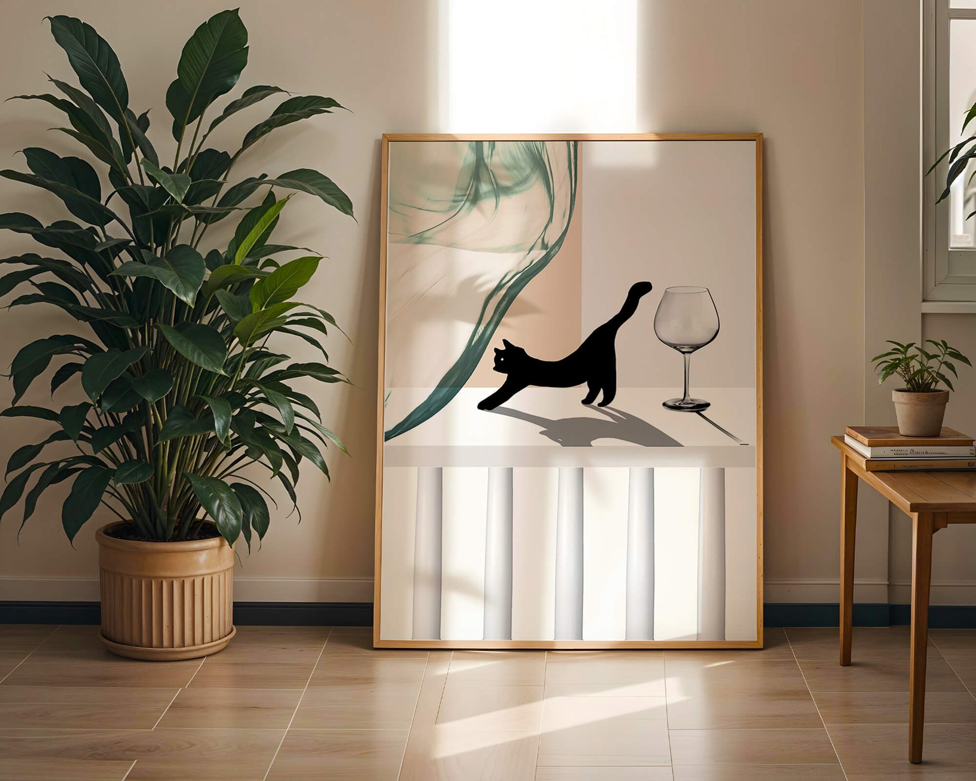 Abstract Composition with Black Cat and Wine Glass on Geometric Background