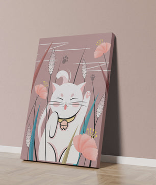 Ilustración de un gato maneki-neko en un entorno de jardín floral