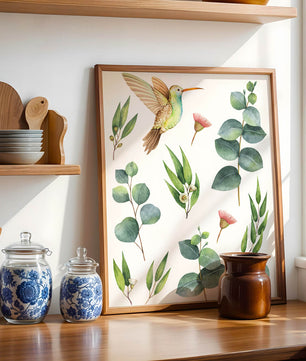 Illustration d'un colibri à l'aquarelle et de feuilles d'eucalyptus