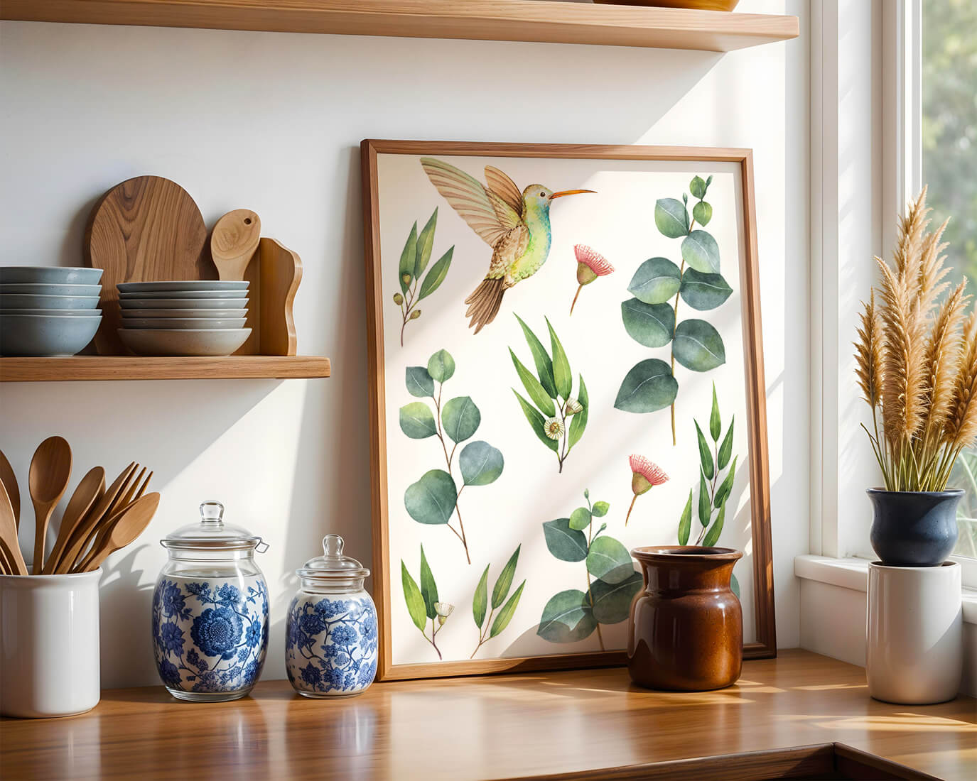 Watercolor hummingbird and eucalyptus leaves illustration