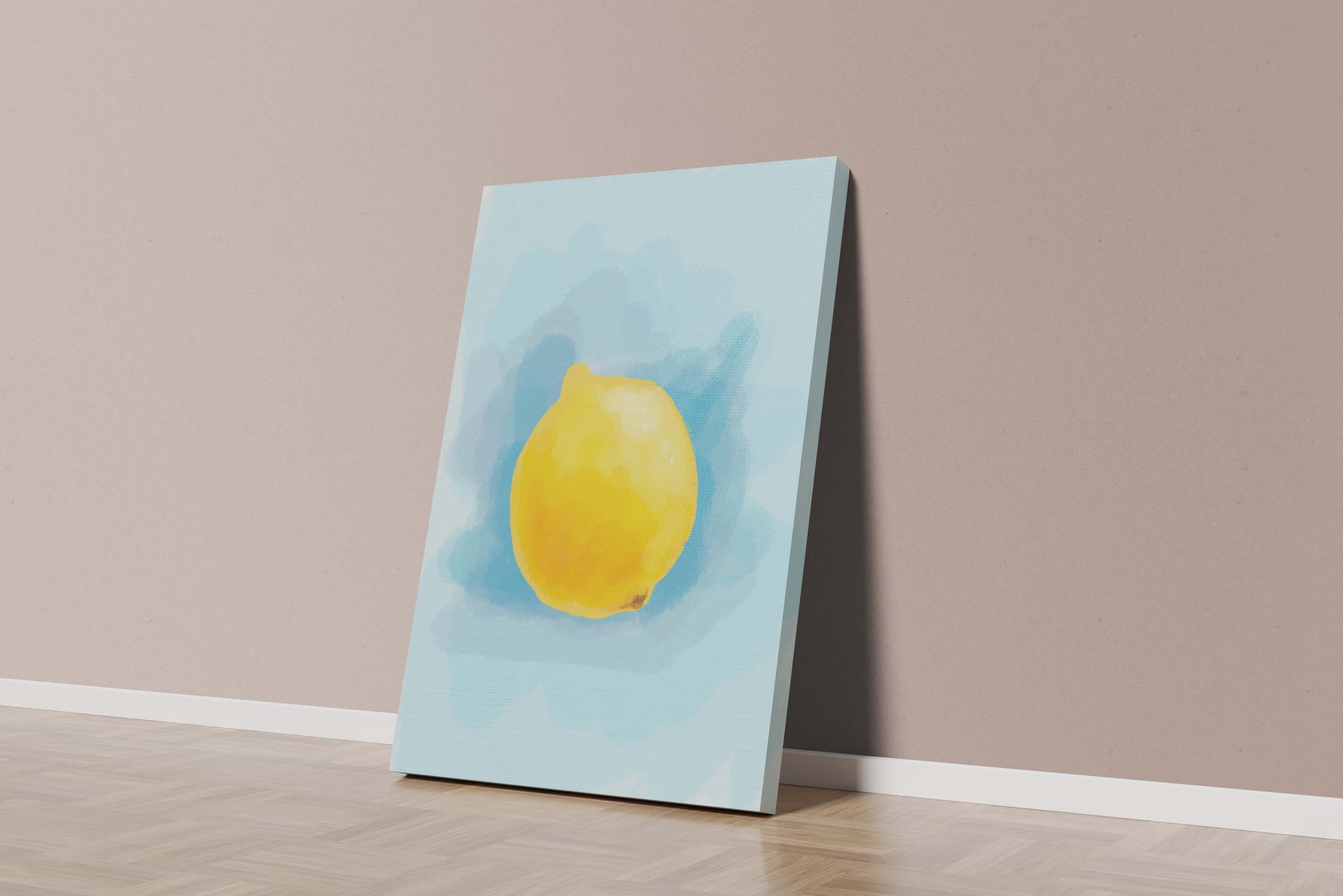 Watercolor artwork of a lemon on a blue background
