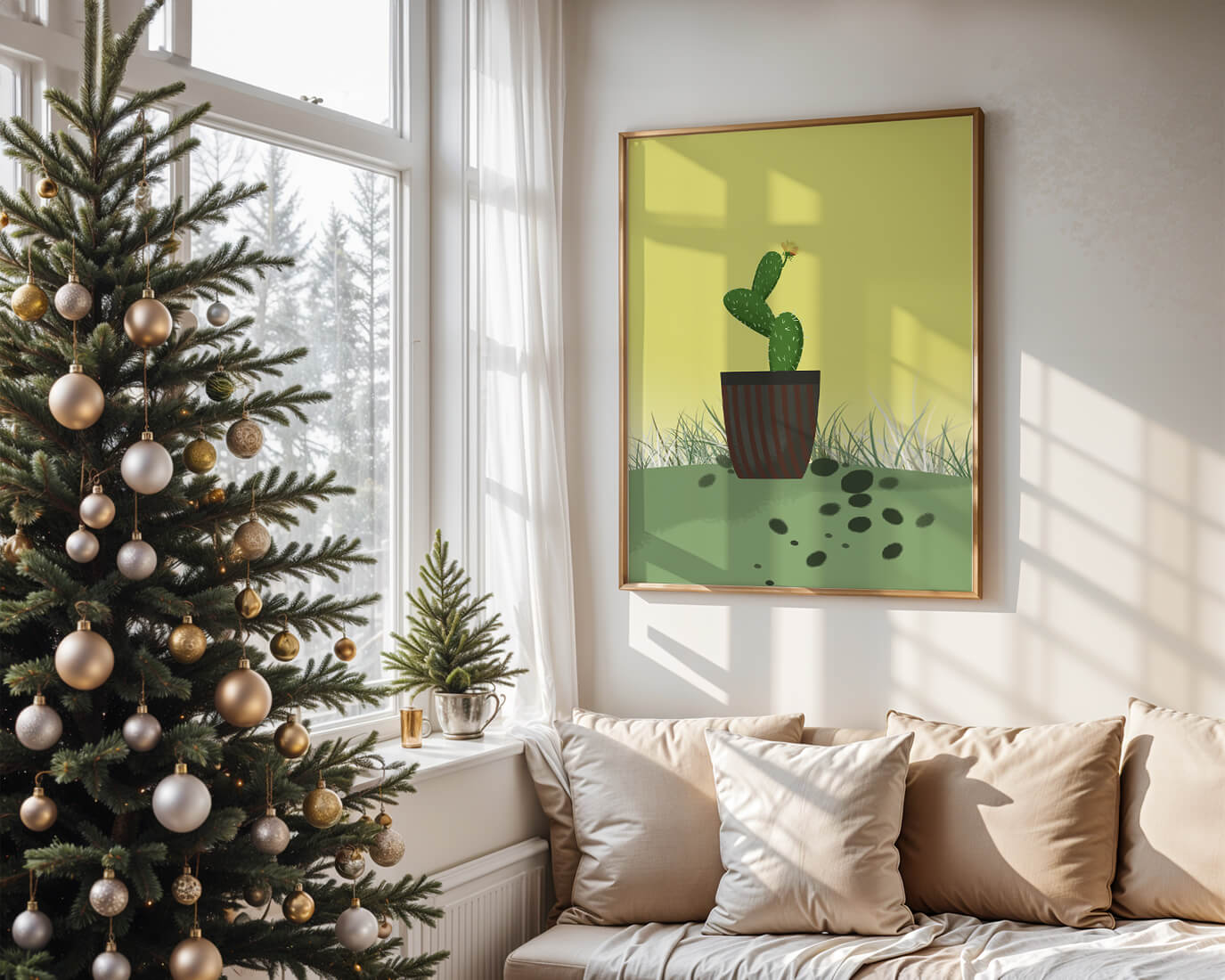Illustration of a potted cactus with flower on soft background