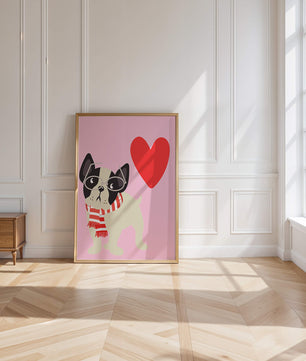 Ilustración juguetona de un bulldog francés con gafas y bufanda sobre fondo rosa con corazón