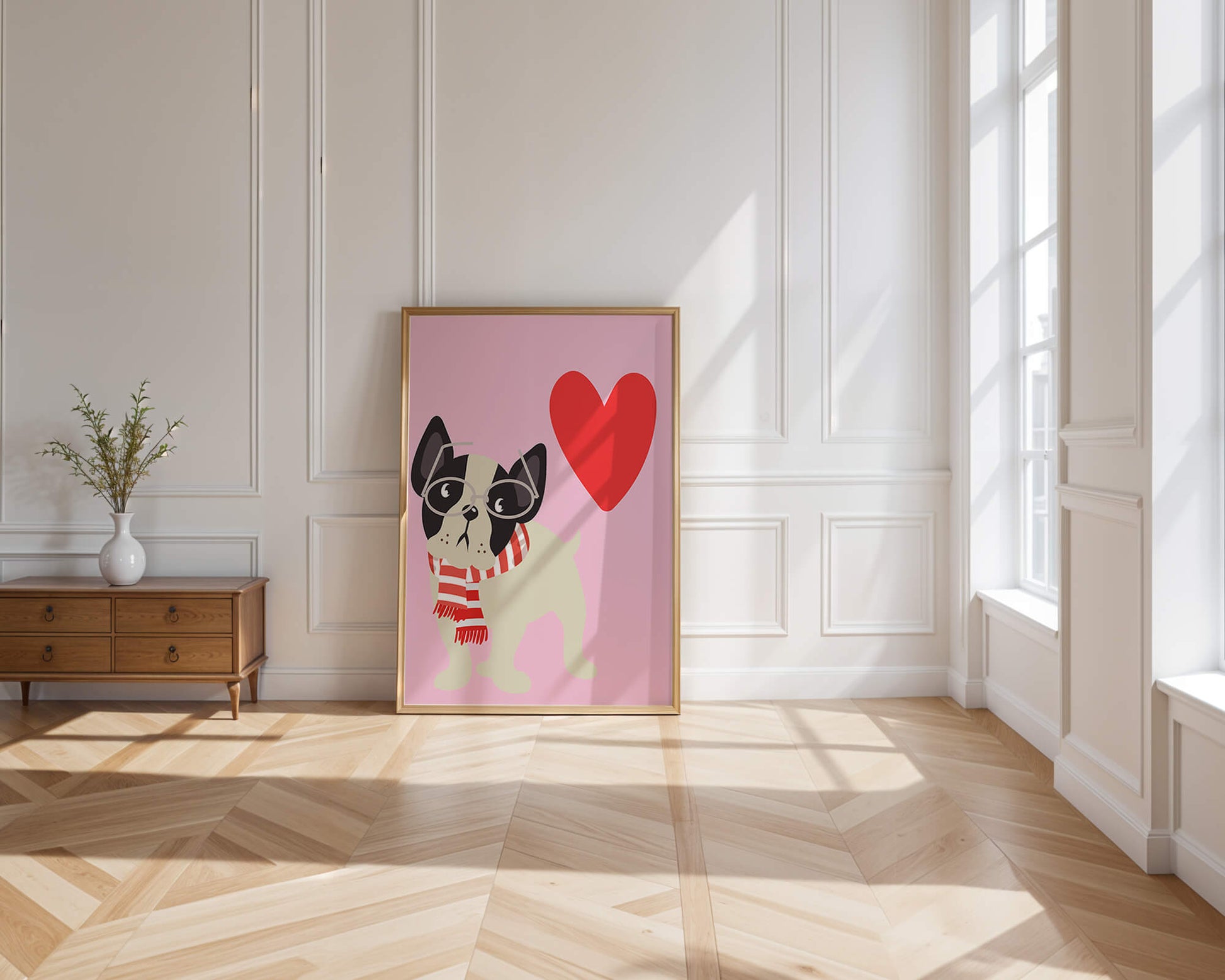 Ilustración lúdica de un bulldog francés con gafas y bufanda sobre fondo rosa con corazón