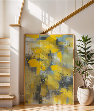 Abstract Yellow and Gray Geometric Art with Textured Patterns - Mi tienda